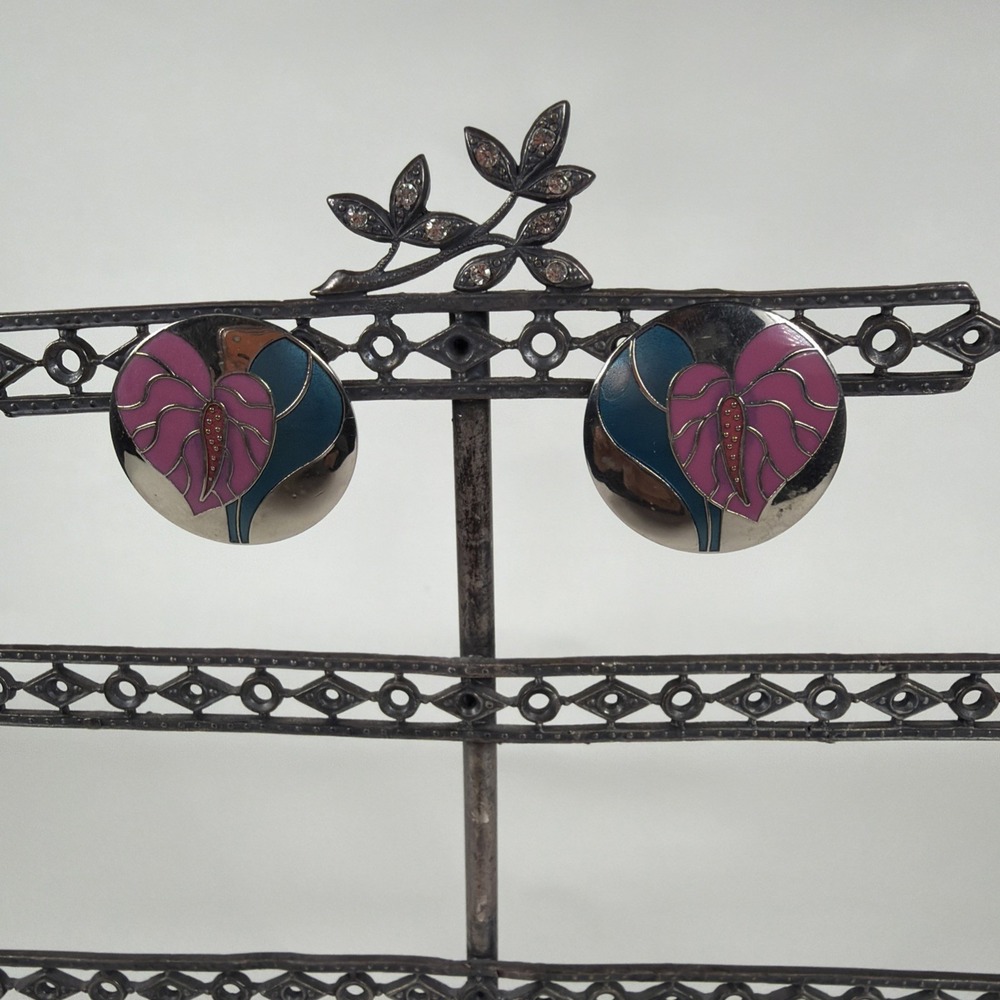 Laurel Burch Anthurium Enamel Earrings Silver Tone Pink Blue Signed Vintage